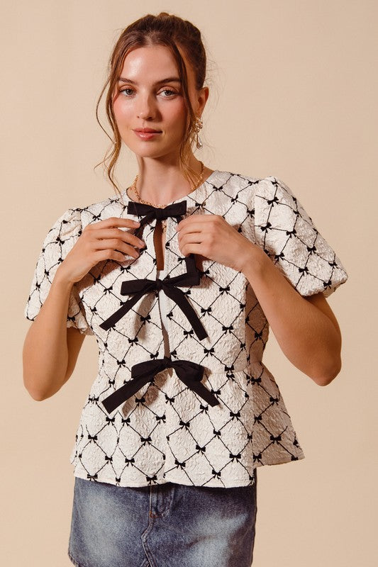 Bow Texture Woven Peplum Top
