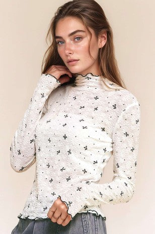 Ribbon Bow Lace Hem Long Sleeve Mesh Layering Top- IVORY