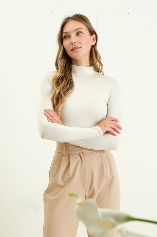 Light Beige Seamless Long Sleeve Mock Neck Bodysuit