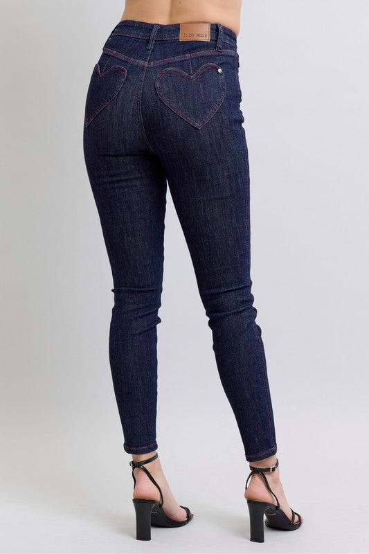 High-Waist Heart Shaped Back Pockets Skinny Judy Blue Denim