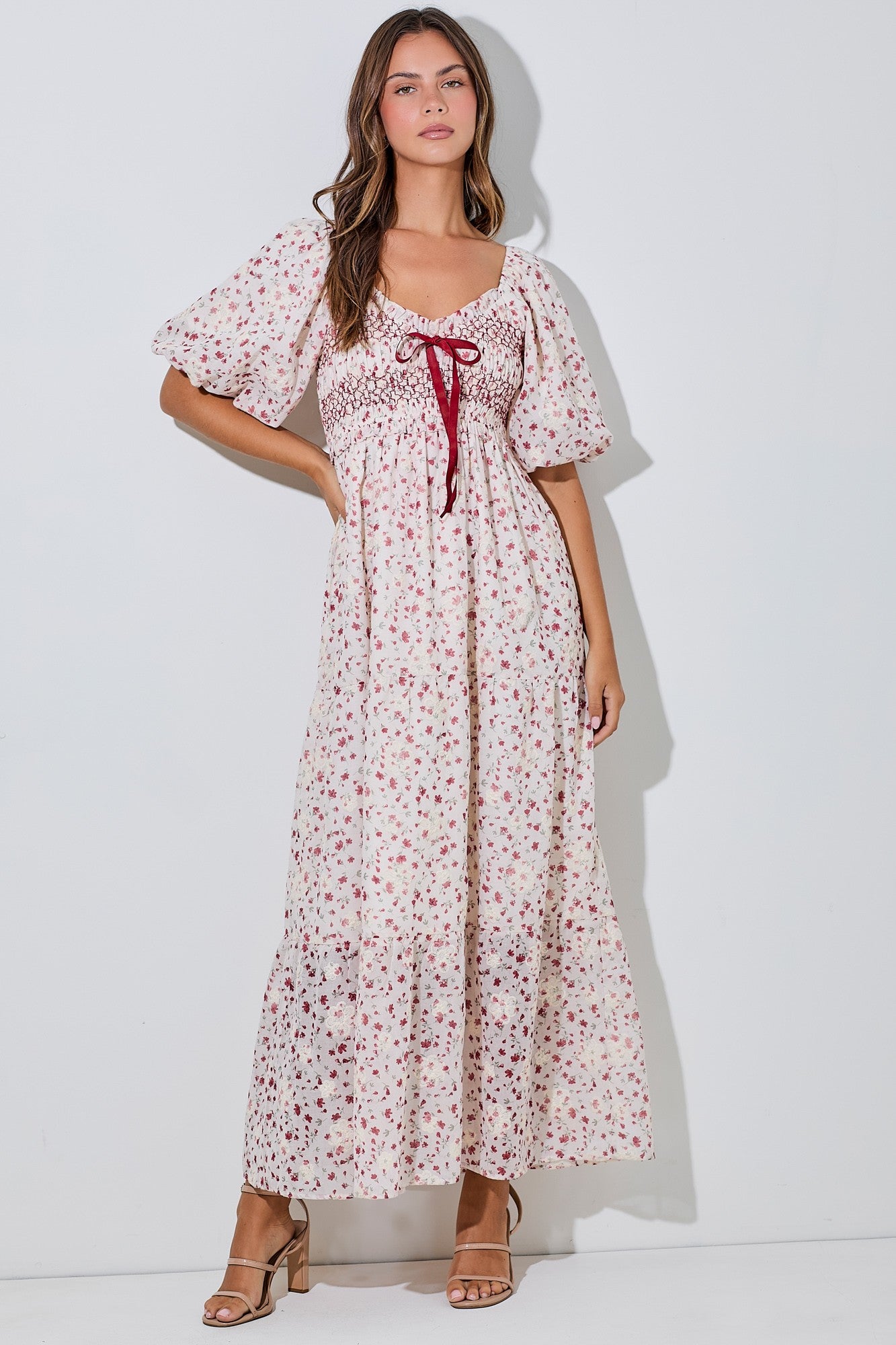 Floral Print Bubble Sleeve Maxi Dress
