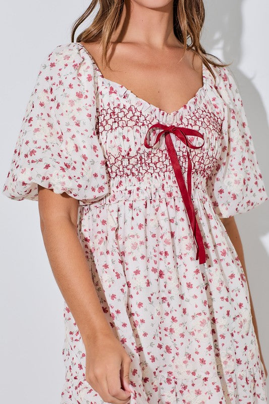 Floral Print Bubble Sleeve Maxi Dress