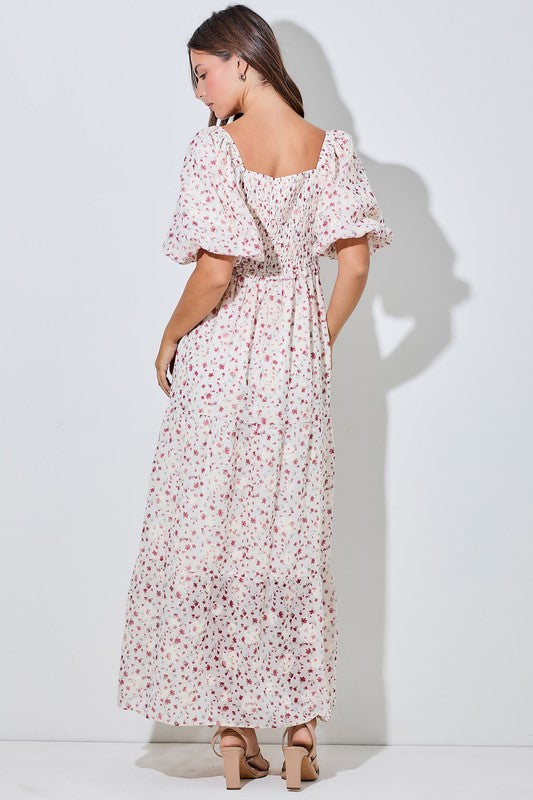 Floral Print Bubble Sleeve Maxi Dress