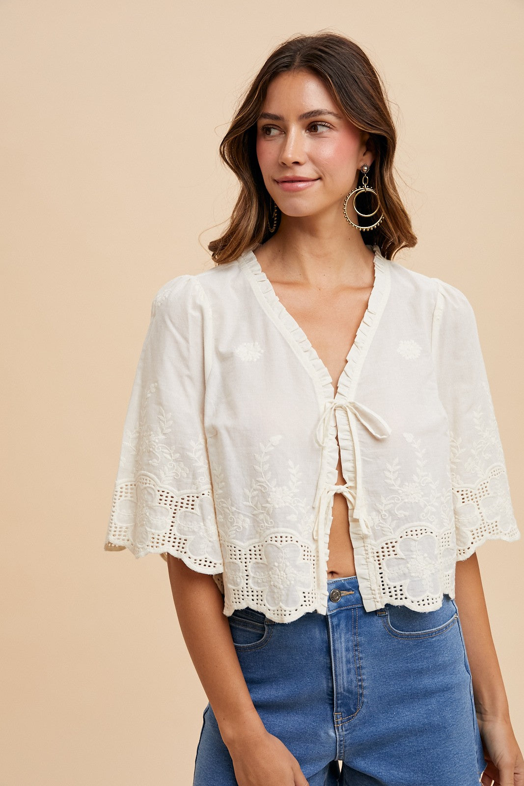 Scalloped Tie Front Blouse
