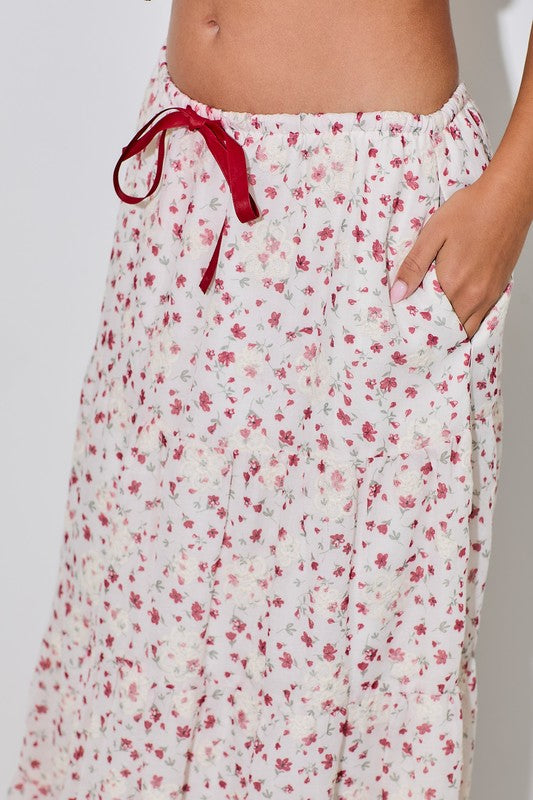 Red Printed Floral Tiered Maxi Skirt