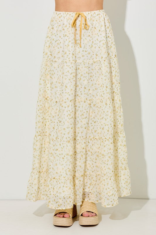 Yellow Multi Printed Floral Tiered Maxi Skirt