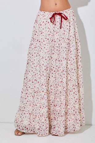 Red Printed Floral Tiered Maxi Skirt