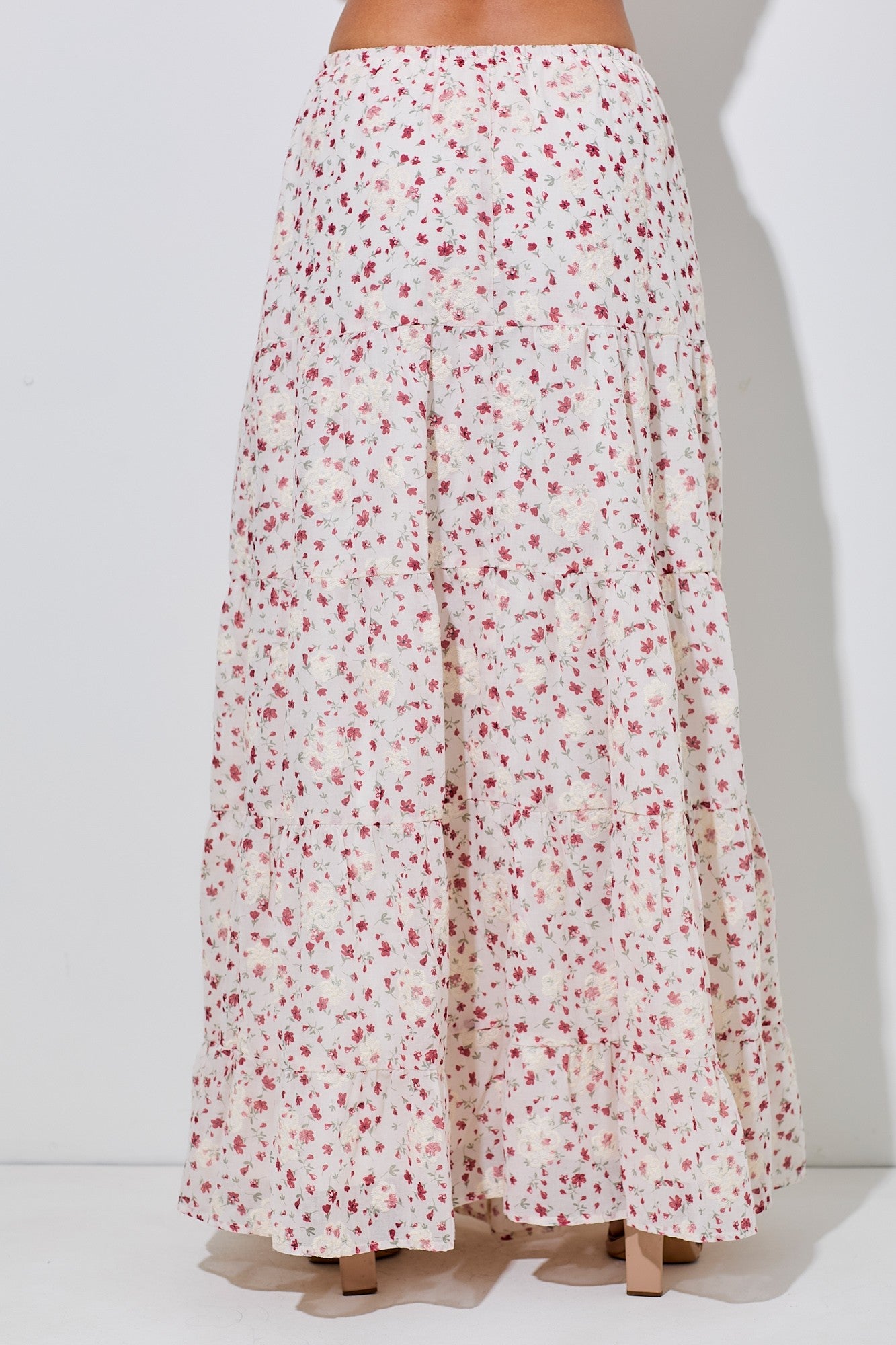 Red Printed Floral Tiered Maxi Skirt
