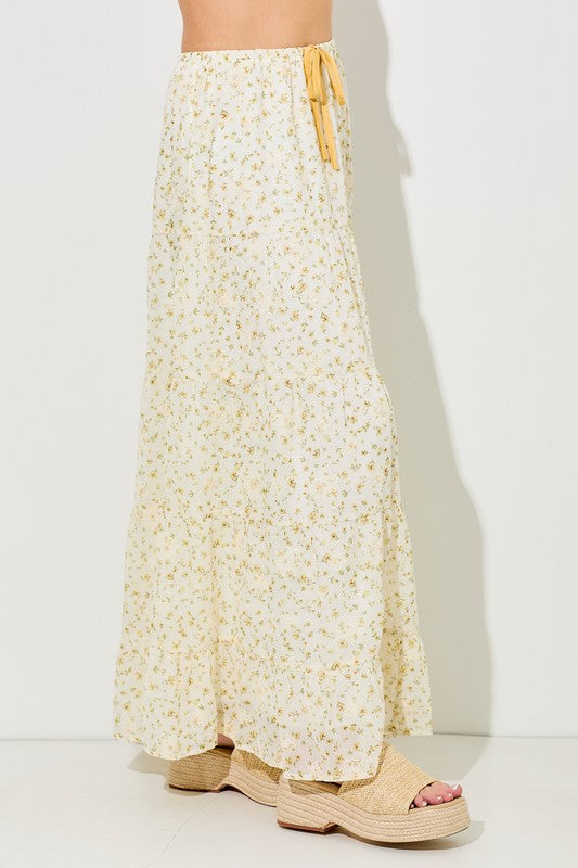 Yellow Multi Printed Floral Tiered Maxi Skirt