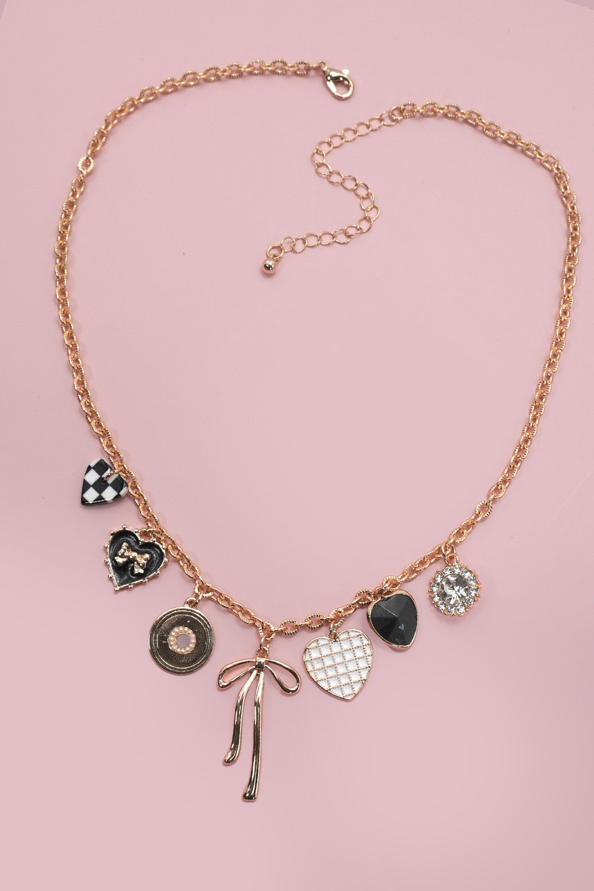 Checkered Heart & Bow Charm Necklace