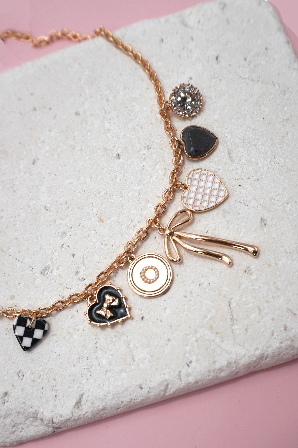 Checkered Heart & Bow Charm Necklace