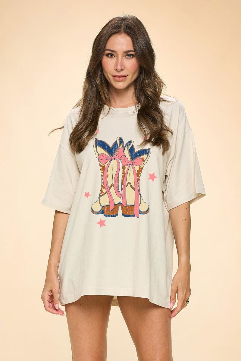 Cowboy Boots Bow Tee White