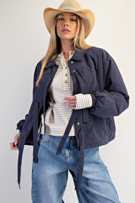 Quilted Bow Coat-Blue