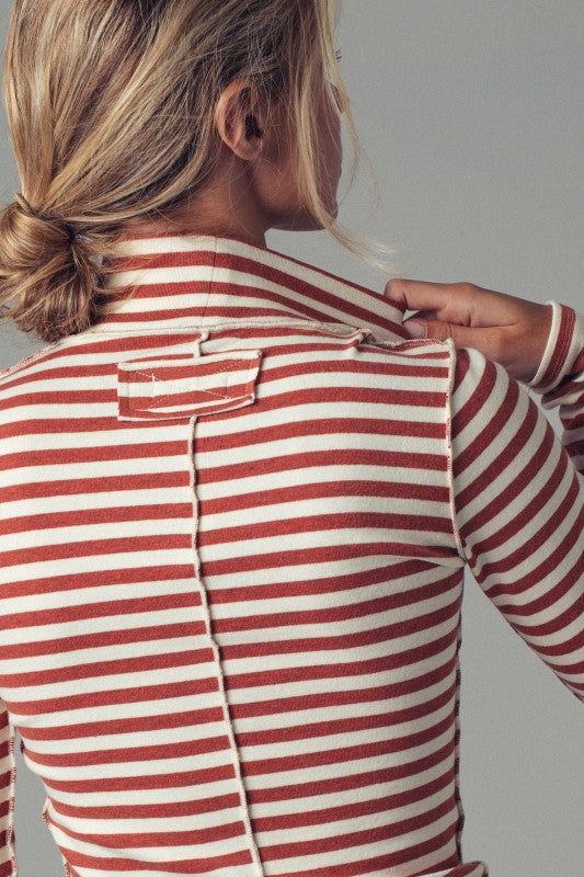 STRIPE MOCK-NECK-Rust