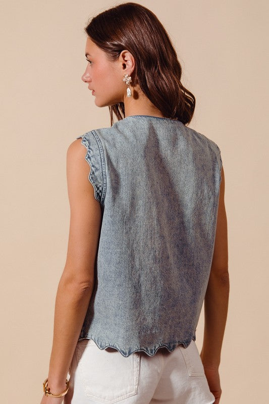 Tie Front Washed Denim Vest Top With Scalloped Edges