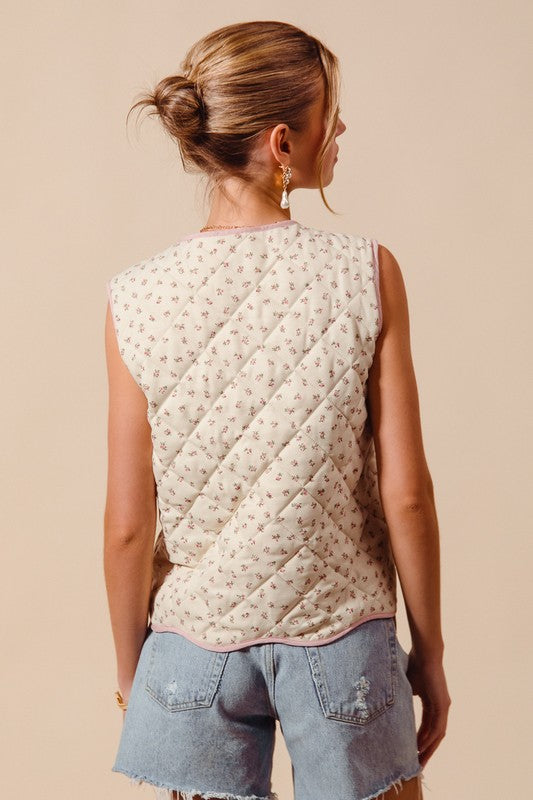 Tie Front, Floral Quilted Vest
