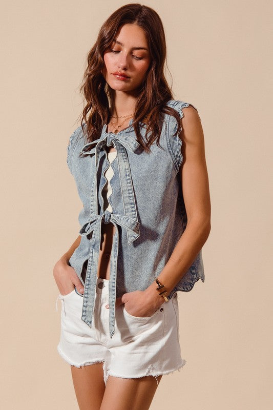 Tie Front Washed Denim Vest Top With Scalloped Edges