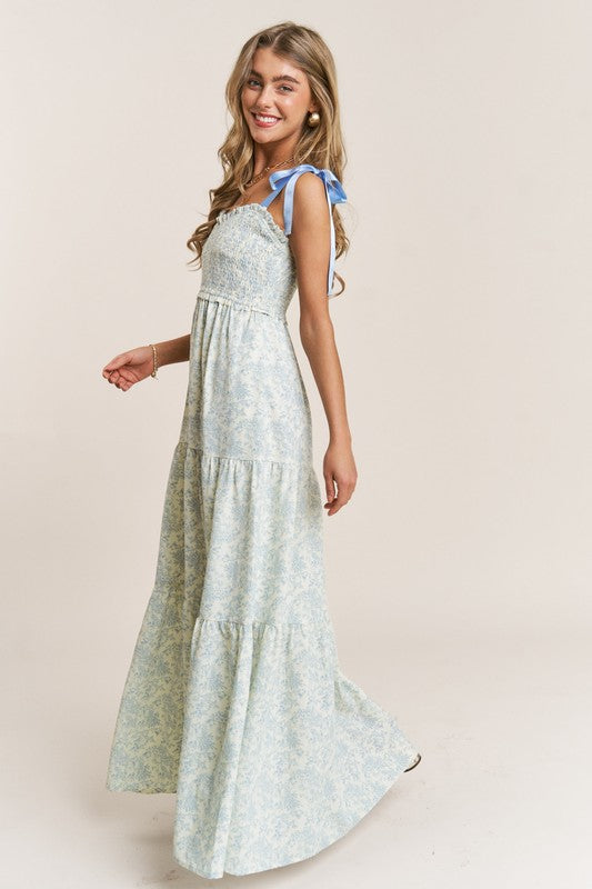 Baby Blue Empire Neckline Floral Dress