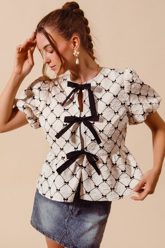 Bow Texture Woven Peplum Top