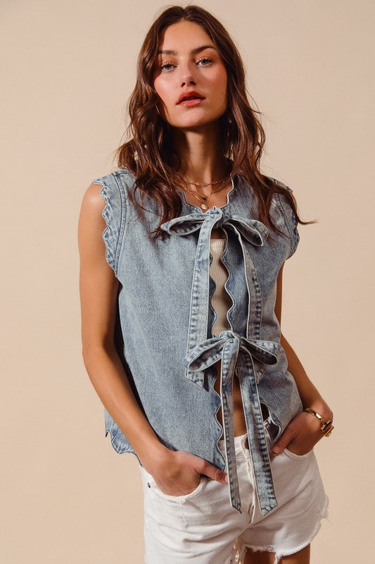 Tie Front Washed Denim Vest Top With Scalloped Edges