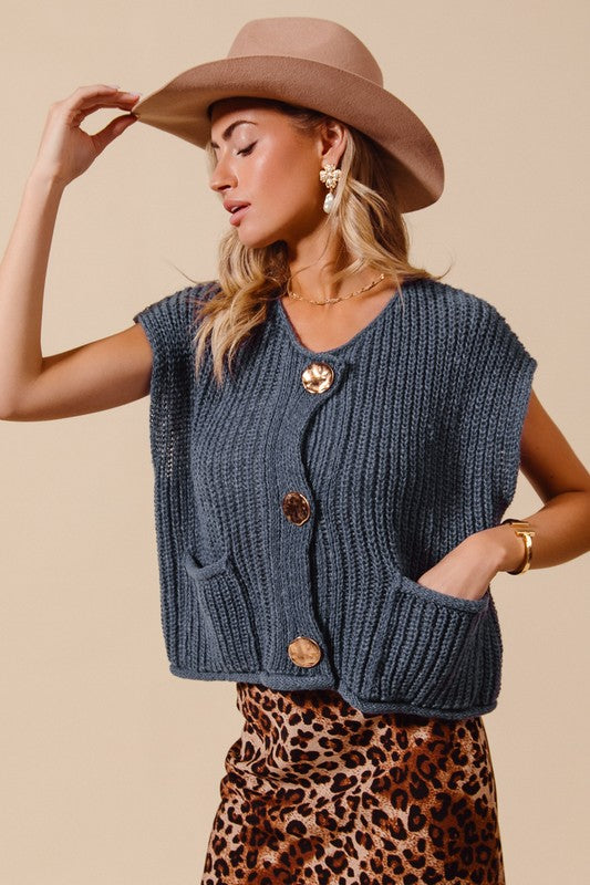 Knit Sweater Vest Large Gold Buttons