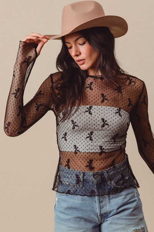 Bow Ribbon Pattern Sheer Lace Top with Thumb Opening