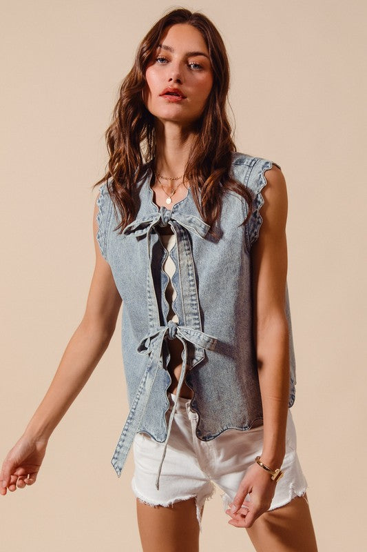 Tie Front Washed Denim Vest Top With Scalloped Edges