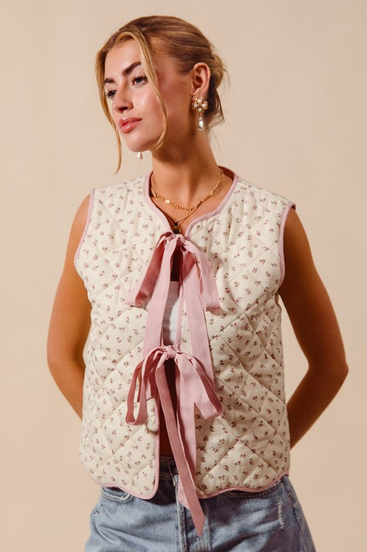 Tie Front, Floral Quilted Vest