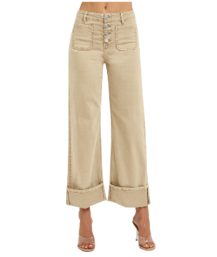 Risen Khaki High Rise Wide Leg Cuffed Pants