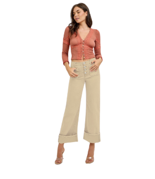 Risen Khaki High Rise Wide Leg Cuffed Pants