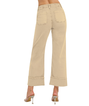 Risen Khaki High Rise Wide Leg Cuffed Pants