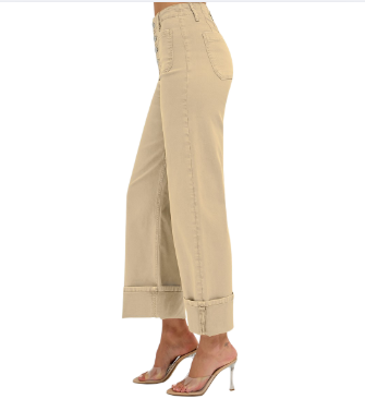 Risen Khaki High Rise Wide Leg Cuffed Pants