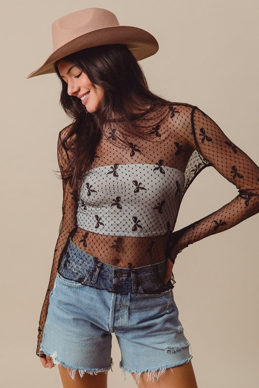 Bow Ribbon Pattern Sheer Lace Top with Thumb Opening