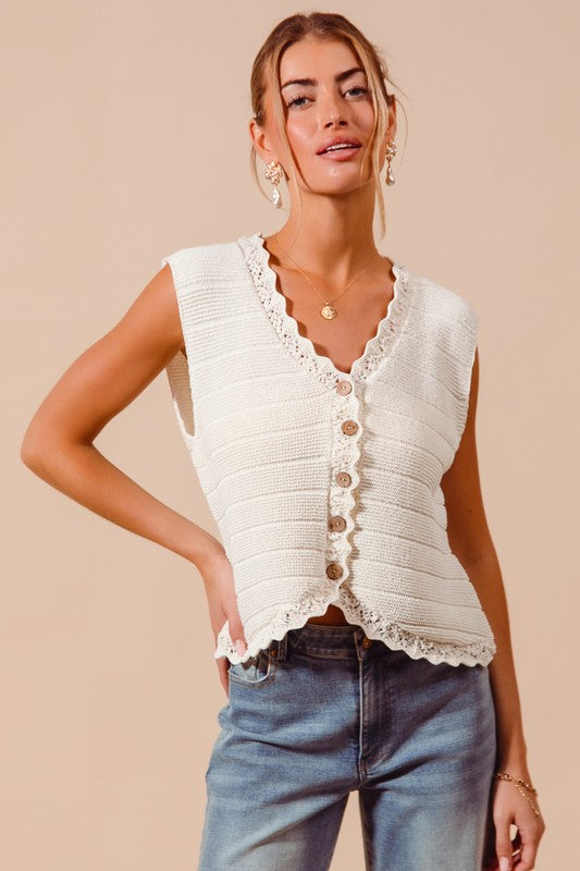 Buttoned Front Texture Knitted Sweater Vest