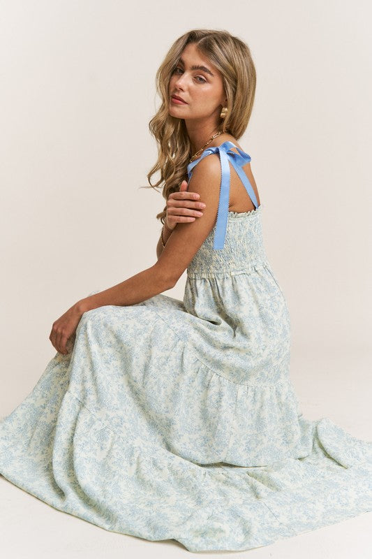 Baby Blue Empire Neckline Floral Dress