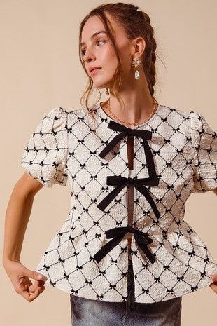 Bow Texture Woven Peplum Top