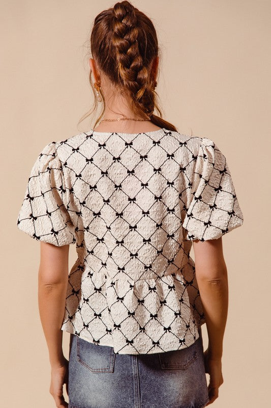Bow Texture Woven Peplum Top