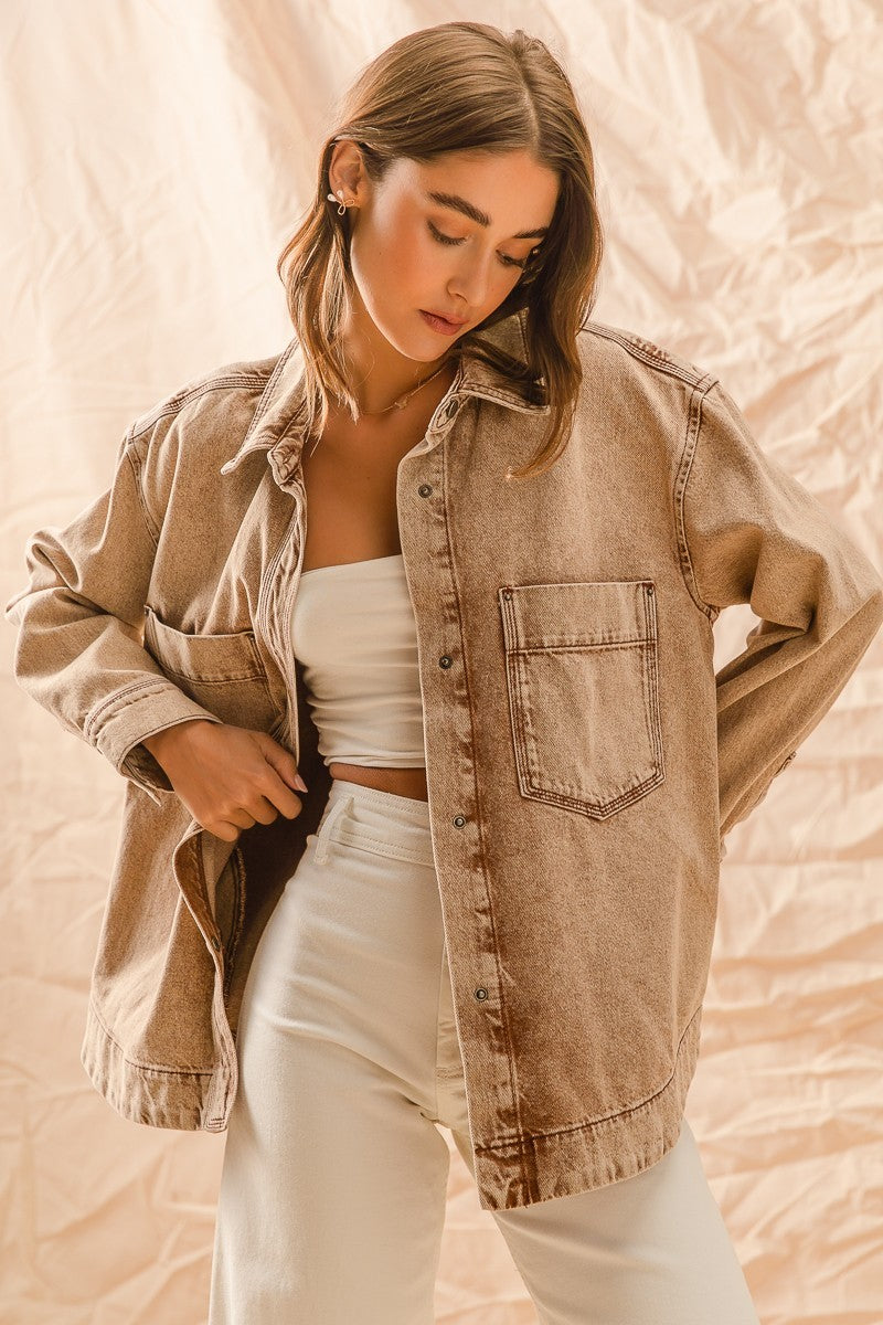 Now You See Me Vintage Washed Button Down Shirt Jacket