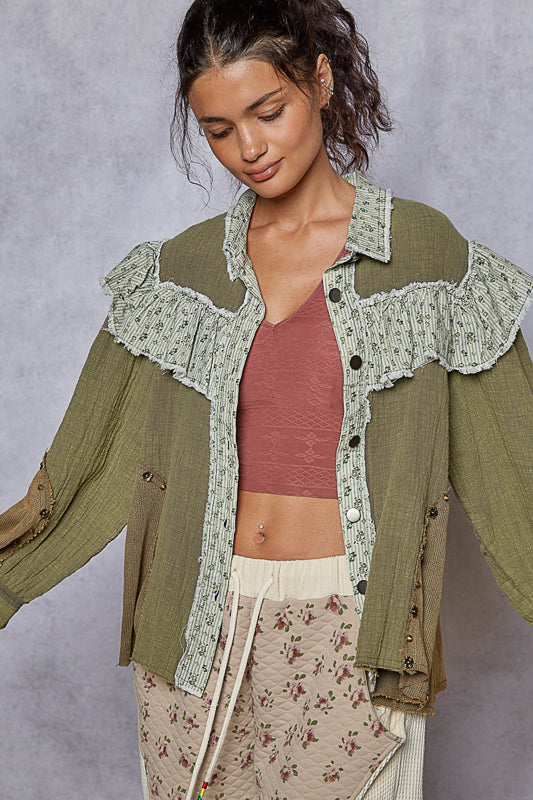 POL Olive Ruffle Shirt