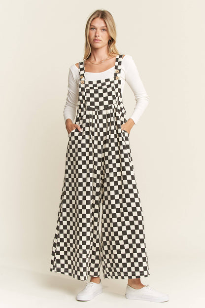 CHECKERED WIDE LEG OVERALLS