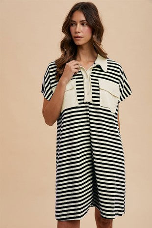 Striped Short Dolman Sleeve Knit Polo Dress-Large fits like 1X+
