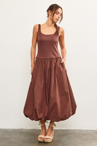 Balloon Hem Dress-Brown