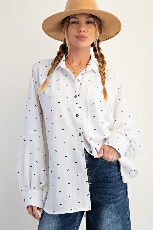 Bow Printed Top-White
