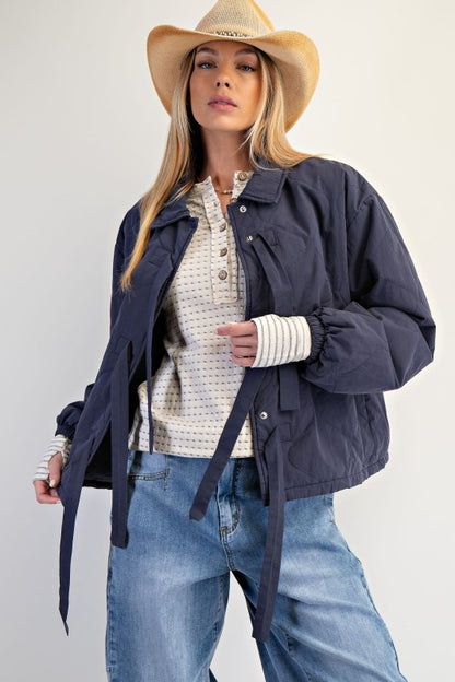 Quilted Bow Coat-Blue