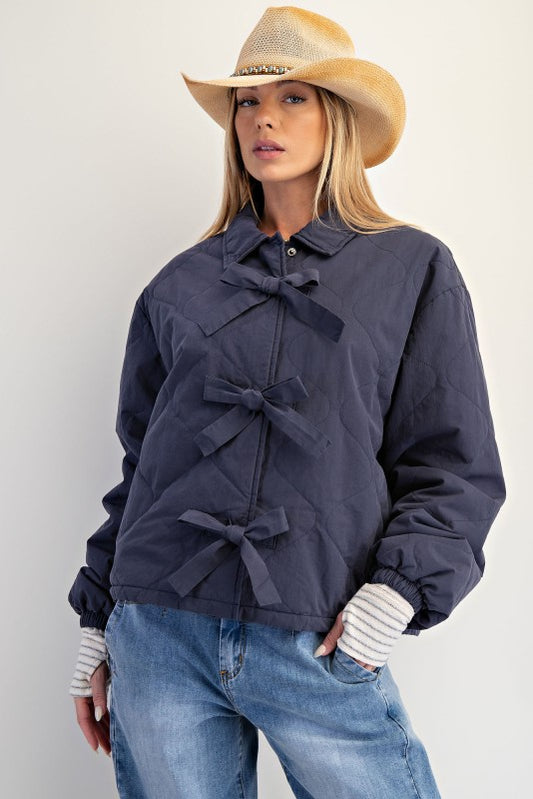 Quilted Bow Coat-Blue