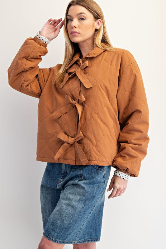 Quilted Bow Coat-Camel