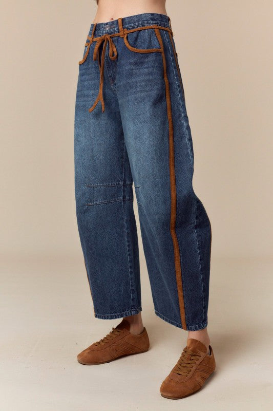 Brown Trim Barrel Jeans