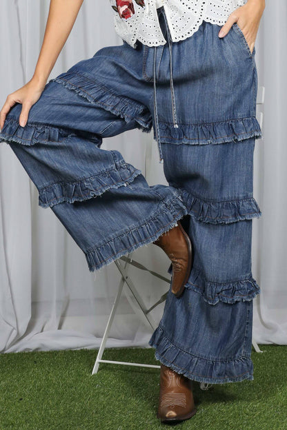 Frayed Ruffle Denim Pants