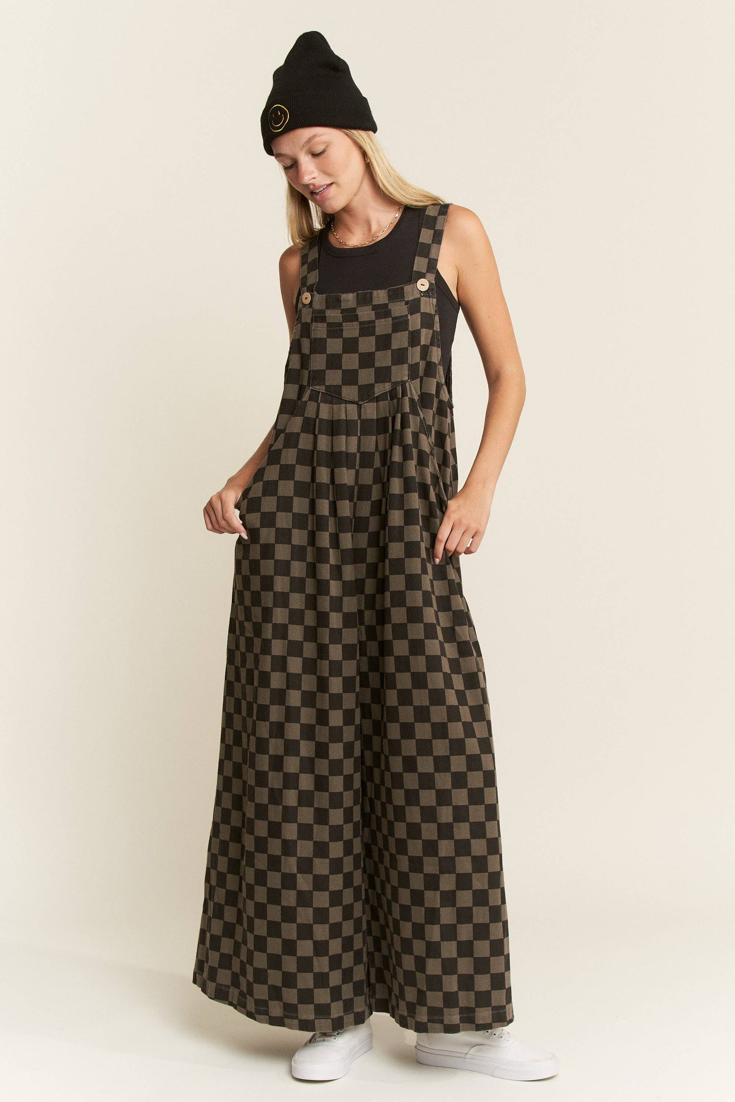 CHECKERED WIDE LEG OVERALLS