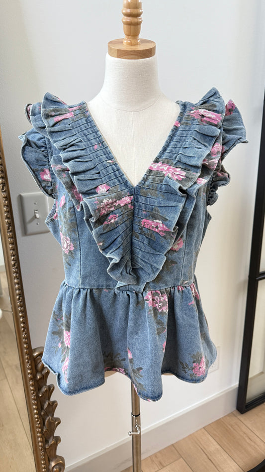 V-Neck Denim Floral Top